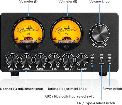 Douk Audio 5 Band Equalizer Bluetooth EQ Preamp for Home Stereo/Computer Speaker/Amplifier with VU Meter (EQ5 Tone Upgraded Version)