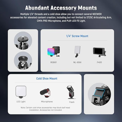 NEEWER Super Clamp with 3" Dual Ballhead Magic Arm, Ball Head Adapter, Cold Shoe, Phone Holder, Action Camera Clamp Mount for Flat/Round Surface Compatible with GoPro DJI iPhone 15 Pro Max, ST85