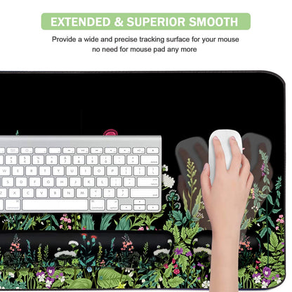 Keyboard Mouse Pad Set, Extended Mouse Pad+Keyboard Wrist Rest Support, Memory Foam Ergonomic Easy Typing, 3Pcs (35.4×15.7 in) Desk Pad Set for Home Office Study Game - Weeds