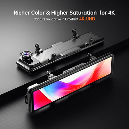 12" 4K UHD Mirror Dash Cam Front and Rear with Zoom Backup Camera, 2160P Dual Rear View Mirror Camera for Cars & Trucks, 64GB Card Included, GPS, WDR, Super Night Vision, Parking Assist & G-Sensor