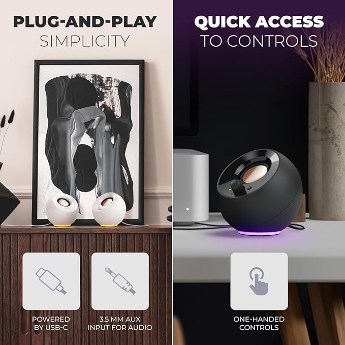 Creative Pebble SE Minimalist 2.0 USB-C Powered PC Speakers with RGB Lighting, 3.5 mm AUX-in, Up to 4.4W RMS Power for Computers and Laptops (Black)