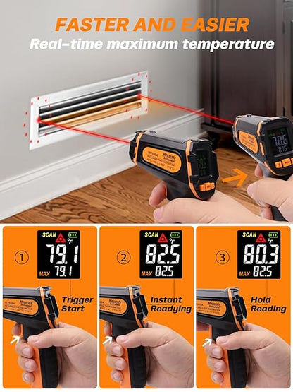 Mecurate Digital Infrared Thermometer Gun Non Contact Laser Temperature Gun -58℉～1112℉(-50℃～600℃) Adjustable Emissivity & Max Measure for Cooking/BBQ/Freezer with Food Thermometer