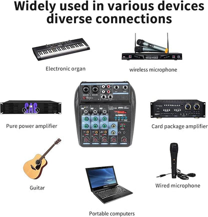 Dj Mixers 4 Channel Audio Mixer Sound Board with Bluetooth, Portable Usb Audio Interface with 48V Phantom Power Small Sounds Mixer Board with FX Delay Effect for Streaming