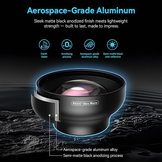 Upgraded Professional Macro Lens for Smartphone, HB100U Macro Photography Lens for iPhone, Aluminum Phone Camera Lens Kit with Universal Clip. Phone Lens Attachment Fit for iPhone, Android Phone.