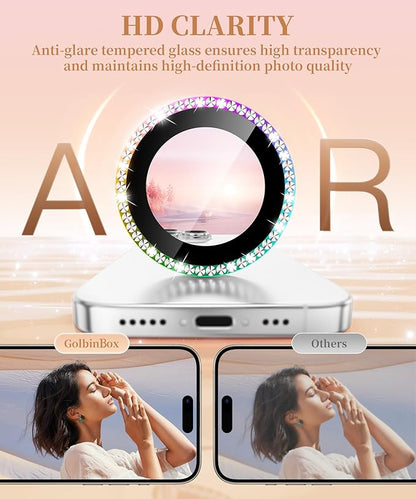 GolbinBox Camera Lens Protector for iPhone 16 Pro Max/16 Pro, 1:1 Invisible Fit, 9H Tempered Glass Ultra HD Metal Individual Camera Cover Screen Protectors for Women, Case Friendly, Bling/Colorful