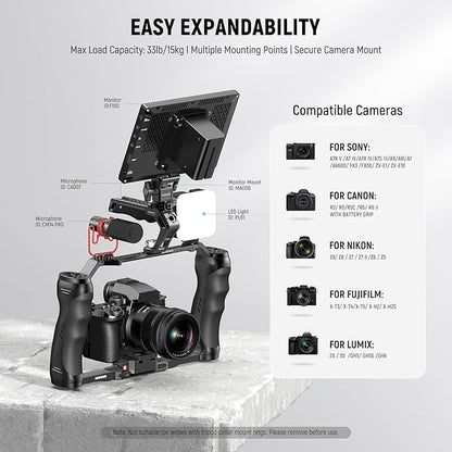 NEEWER Video Camera Cage Rig with Arca Type Quick Release Plate, Double Handles, 3/8" ARRI 1/4" Threads, Cold Shoes, Universal Camera Stabilizer, Compatible with SmallRig NEEWER Base Plate, CA077