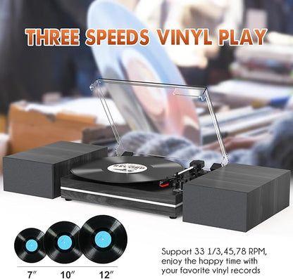 Vinyl Record Player with Dual Separate Stereo Speakers Vintage Turntable with BT Wireless Input Playback Belt Drive 3 Speed 3 Size Playback Record Player Support AUX Headphone Input RCA Out Auto Stop