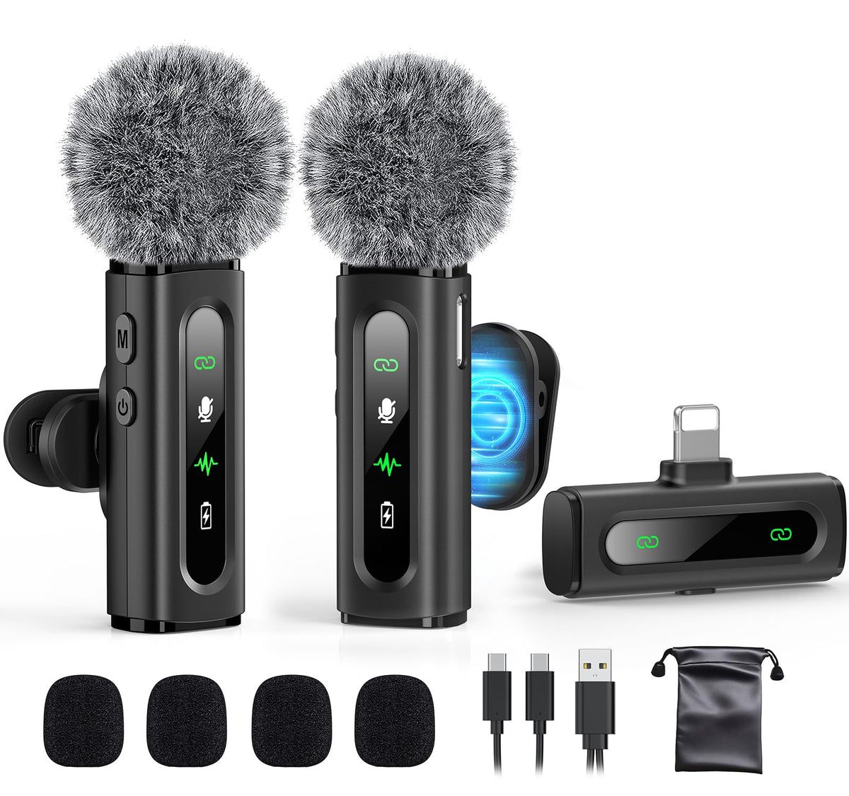 GoorDik Wireless Lavalier Microphone for iPhone, Android, USB C, PC, Camera Video Recording 4 in 1 Clip-on Mics with Rotatable Clip&Denoise Recording, for Vlog Tiktok YouTube Podcast Content Creator