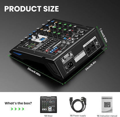 4 Channel Audio Interface DJ Mixer with 99 DSP Reverb Delay Effect USB Audio Interface +48V Phantom Bluetooth for Karaoke Studio Streaming Recording,Live Broadcasting,Podcasting