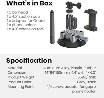 4.5" Suction Cup Camera Mount with 4.72" Extension Rod, Universal Car Mount for Cameras, Phones, Cameras with 3.84" Magic Arm
