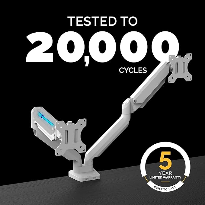 Fellowes Platinum Series Dual Monitor Arm for 40-Inch Monitors, Full Motion, 360° Rotation, VESA Mount with Grommet or Clamp, USB Ports, Ergonomic, White, 8056301