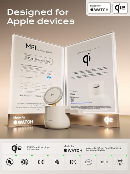 MFI Certified by Apple, 4 in 1 Magsafe Wireless Charging Station, Qi2 15W Magsafe Charger for iPhone 17/16/15/14/13/12 Series, iWatch, Airpods, iPad, 65W Charger Included (Sand, 3 in 1)