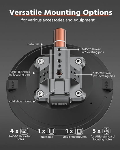6" Suction Cup Camera Mount – Car, Windshield & Dash Cam Mount with Cold Shoe, NATO Rail, 1/4"-20 & 3/8-16 Threads (6”)