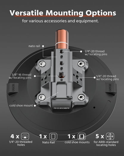 ROZOER 6" Suction Cup Camera Mount – Car, Windshield & Dash Cam Mount with Cold Shoe, NATO Rail, 1/4"-20 & 3/8-16 Threads (6”)