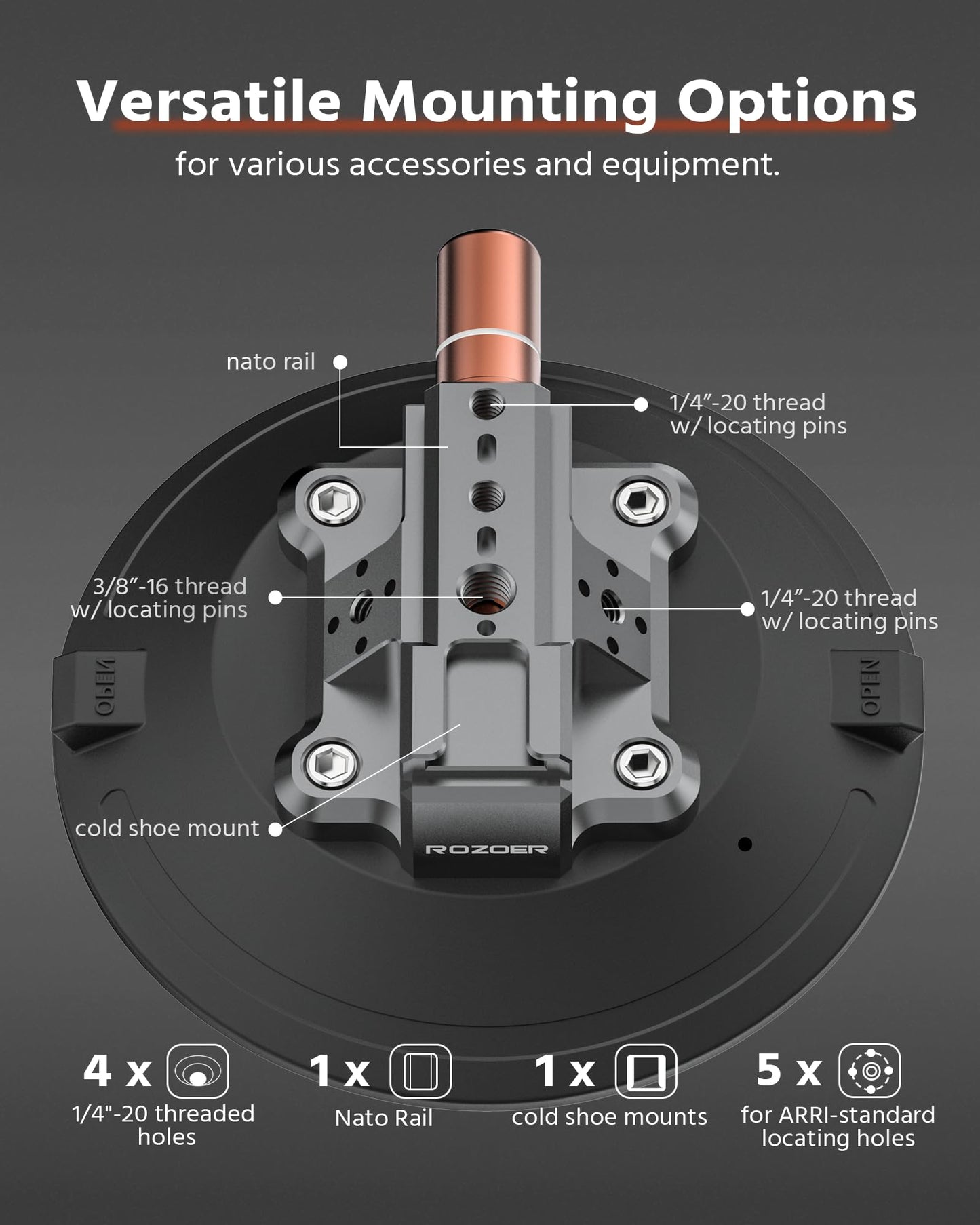 ROZOER 6" Suction Cup Camera Mount – Car, Windshield & Dash Cam Mount with Cold Shoe, NATO Rail, 1/4"-20 & 3/8-16 Threads (6”)