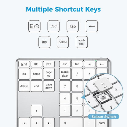 iClever KP10 Bluetooth Number Pad, Dual Device Connection, 34 Keys Ultra-Slim for Mac/Windows/iPad, USB-C Rechargeable, Quiet Keys, Excel Accounting Numpad with Long Battery Life