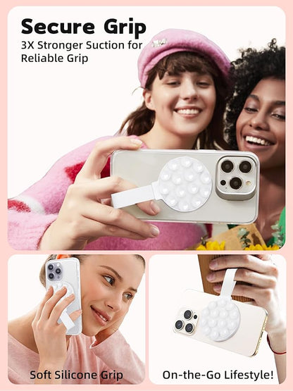 Magnetic Suction Phone Case Mount, Silicone Suction Cup Grip Stand for MagSafe Case, Hands-Free Phone Holder for iPhone 16/15/14 Pro Max, TikTok Videos, Selfies, Women Gift (Light Pink)911001A (White)