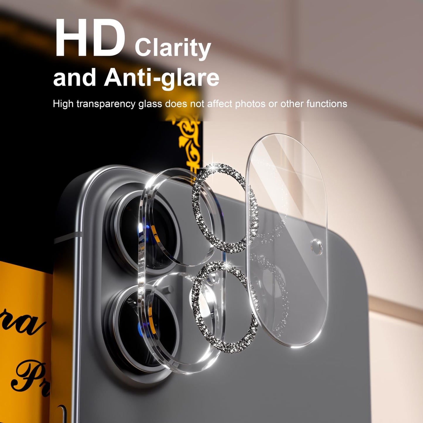 beuxece for 6 Pack iPhone 17 / iPhone 16 / iPhone 16 Plus Camera Lens Protector [Drop Protection] [Easy Installation] 9H Tempered Glass Camera Screen Protector Cover Accessories, Glitter Black