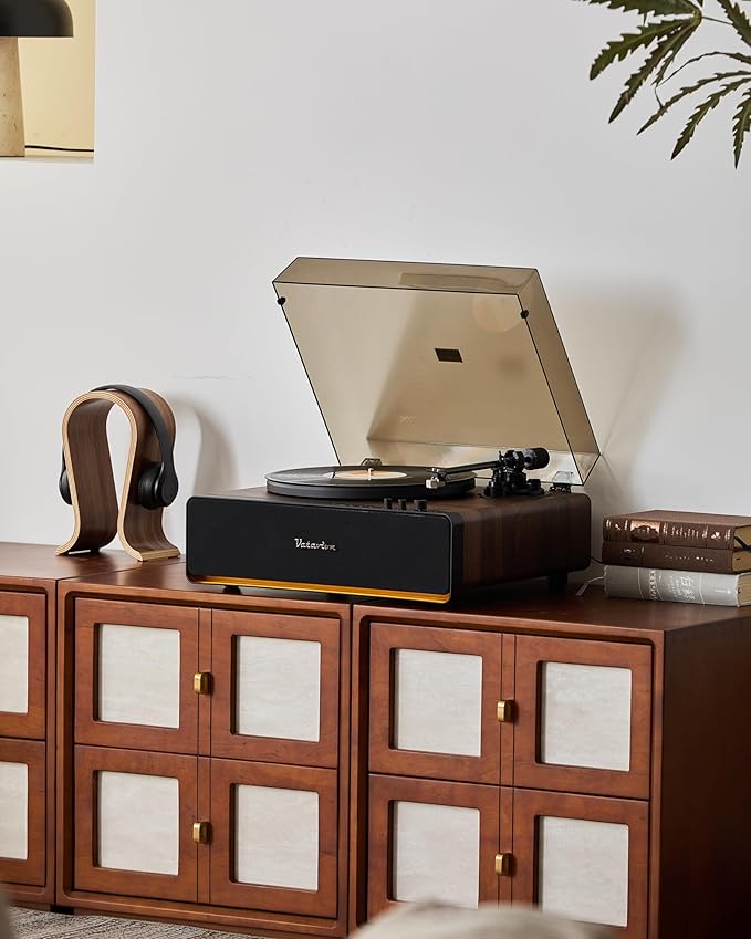 Vinyl Record Player, High Fidelity Belt Drive Turntable for Vinyl Records 33/45 RPM with MM Cartridge AT-3600L, Phono Preamp, Bluetooth Record Player with LED Light, Auto Off (Walunt Wood)