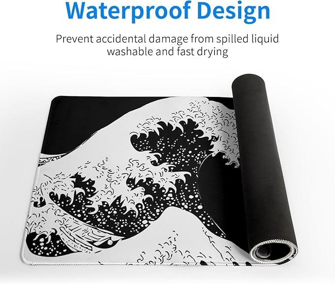 Japanese Sea Wave Large Mouse Pad, Abstract Black Gaming Mousepad, Extended Kanagawa Mat Desk Pad, 3mm Thick Long Non-Slip Rubber Base Mice Pad for Office and Home, 31.5x11.8 Inch