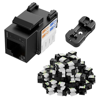 iwillink 10Gbps Cat6 Keystone Jack and Punch-Down Stand, 50-Pack, RJ45 Ethernet Keystone Jacks, 90-Degree UTP Modular Punch Down Keystone Jack Adapter, Black