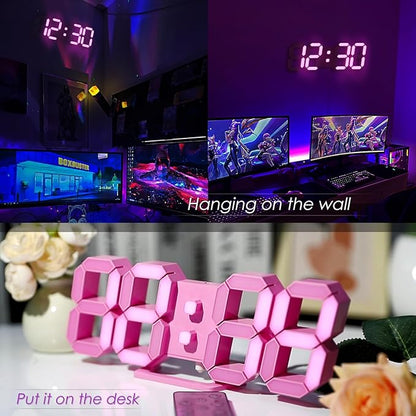 KOSUMOSU Pink LED Clock 3D Wall Clock 9.7" Table Clock for Living Room Modern Digital Clock for Bedroom Aesthetic Bedside Desk Clock with Remote/Dimming/12/24H/Temp/Alarm Clock/Date