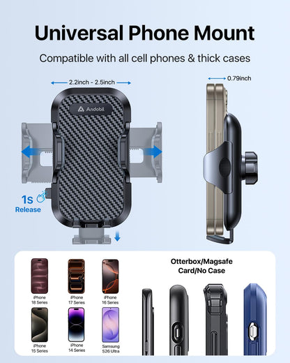 andobil Car Phone Holder, True Military-Grade 95+LBS Strongest Suction Cell Phone Mount for Car Dashboard Windshield Vent Easy Clamp Truck Cradle Stand for iPhone 18 Pro Max 17 16 15 14 13 Android