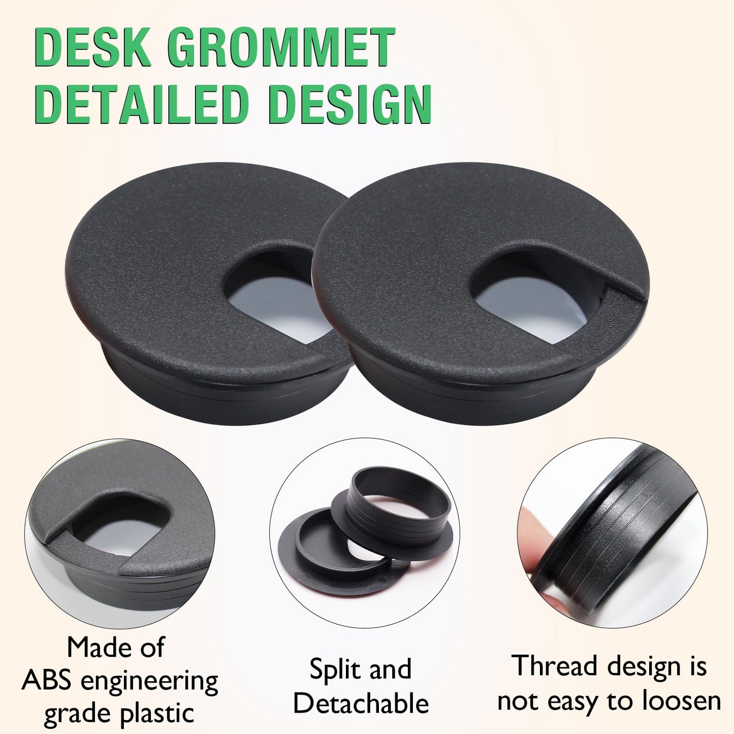 EASYEAH 2 Pcs Desk Grommet 2" / 50 mm, Desk Cord Hole Cover, Cable Grommet ABS Plastic, Desk Hole Grommet for Home & Office Pc, Detachable Cable Cord Organizer-Light Grey