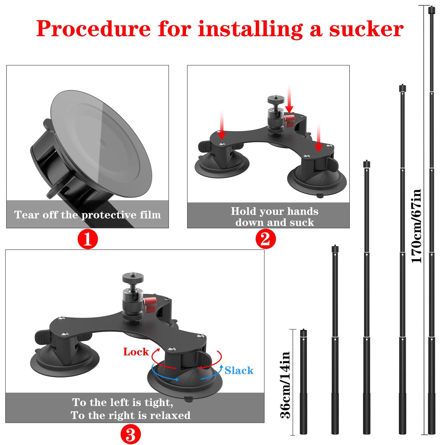 Taisioner Suction Car Mount for Camera Insta360 X5/X4/X3/X2/GO 3/ONE/RS Compatible with Gopro Max 360 Outside Car Mount with 67” Invisible Selfie Stick 5 in 1 Suction Camera kit for Action Camera