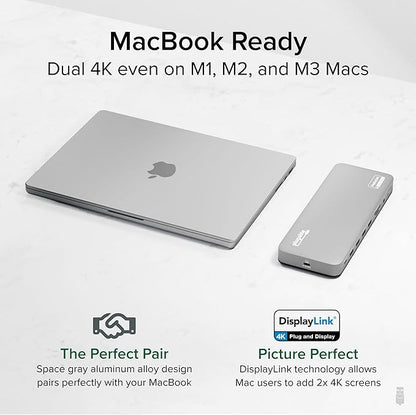 Plugable USB C Laptop Docking Station, Dual Monitor 4K 60Hz for Apple Mac M1/M2/M3/M4, 2X HDMI or 2X DisplayPort, 100W Charging DisplayLink Dock, 2 Displays for MacBook, Driver Required (UD-6950PDH)