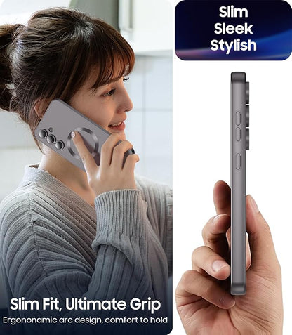 Magnetic for Samsung Galaxy S24 Case [Compatible with MagSafe][Built-in Camera Lens Protector] Slim Soft Silicone Bumper Shockproof Metallic Luster Phone Case (Gray)
