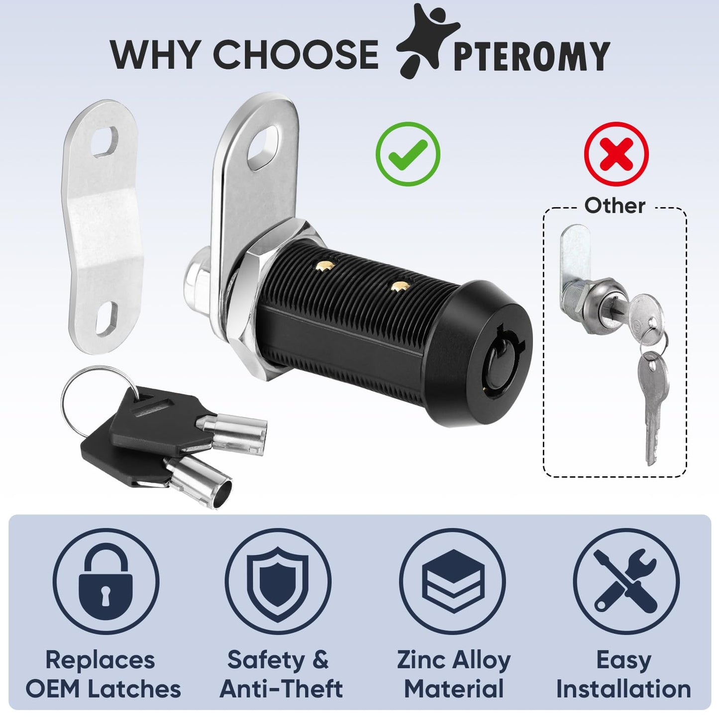 PTEROMY 5 Pack Cabinet Lock with Keys, 1-1/2'' Heavy Duty Tubular Cam Lock for RV Compartment Storage Locks, Full Set of RV Cam Locks (Black, 1-1/2'', 5 Pack)