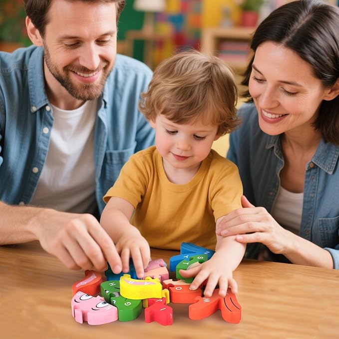 LovesTown Rooster Wooden Puzzles for Toddlers, Montessori ABC Learning Toys for Kids Ages 3-6, 26 Letters, Colorful Educational GIFS