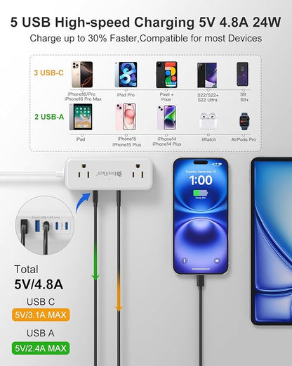 5 USB(3 USB C) Travel Power Strip- 5Ft Short Extension Cord with 5 USB Charging Station 24W/4.8A and 4 Wide Outlets, Compact Flat Plug Small Extension Cord for Travel Cruise College Dorm Office White