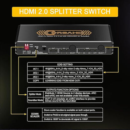 4K@60Hz HDMI 2.0 Splitter 2 in 2 Out with Audio Extractor Supports ARC,e-ARC,Soundbar,Downscale,HDCP Bypass,HDR,CEC,EDID,SPDIF,IR Remote,HDMI Swtich 2 in for soundbar