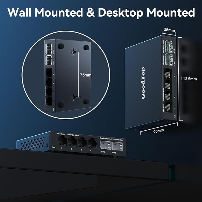 6 Port 2.5Gb Web Managed Switch,4 x 2.5GbE Ports,2 x 10G SFP+,Web Managed with Link Aggregation/VLAN/QOS, Metal Fanless Home Lab Network Switch