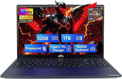 NIMO 15.6" IPS FHD-Gaming-Laptop, 6 Cores AMD Ryzen 5 6600H 32GB DDR5 RAM 1TB SSD (Beat i7-1165G7 up to 4.5GHz) 660M 6nm GPU-Computer with 100W Type-C Backlit Keyboard, Fingerprint