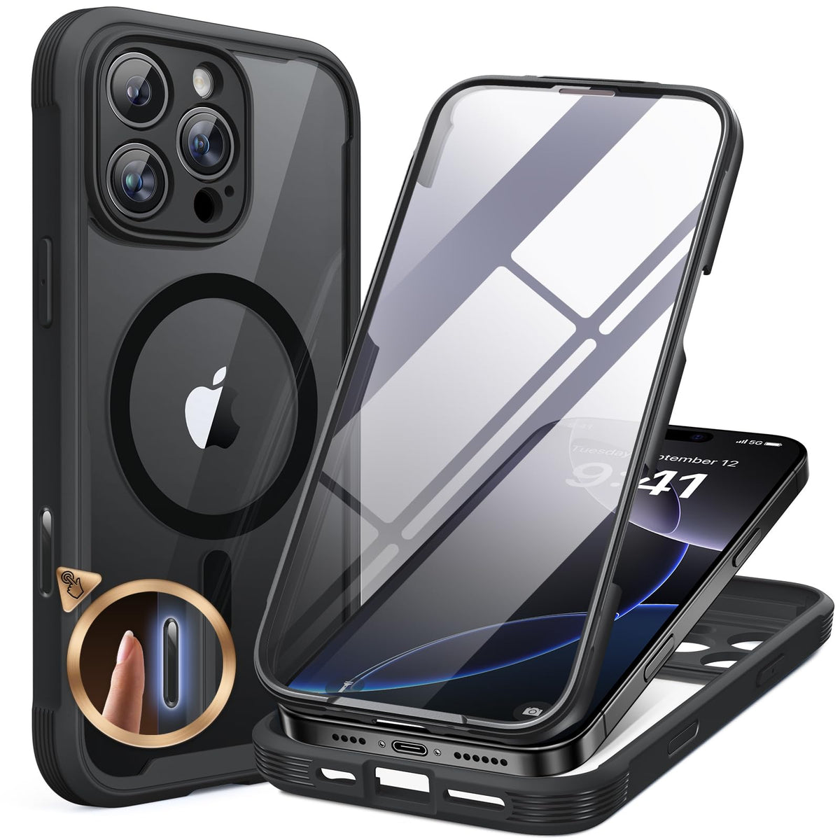 Miracase for iPhone 13 Case 6.1'',Full-Body Magnetic Clear Bumper Case with Built-in 9H Tempered Glass Screen Protector,Military Drop Protection Outdoor Phone Case — iPhone 16 Pro Max