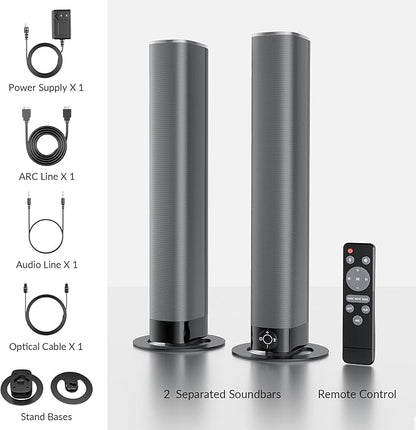 Sound Bar, 80W Soundbar with Bluetooth/ARC/Opt/AUX Connect, with Volume Boost, 3 Equalizer Modes, 2 in 1 Detachable Soundbar for TV/PC/Gaming/Projectors