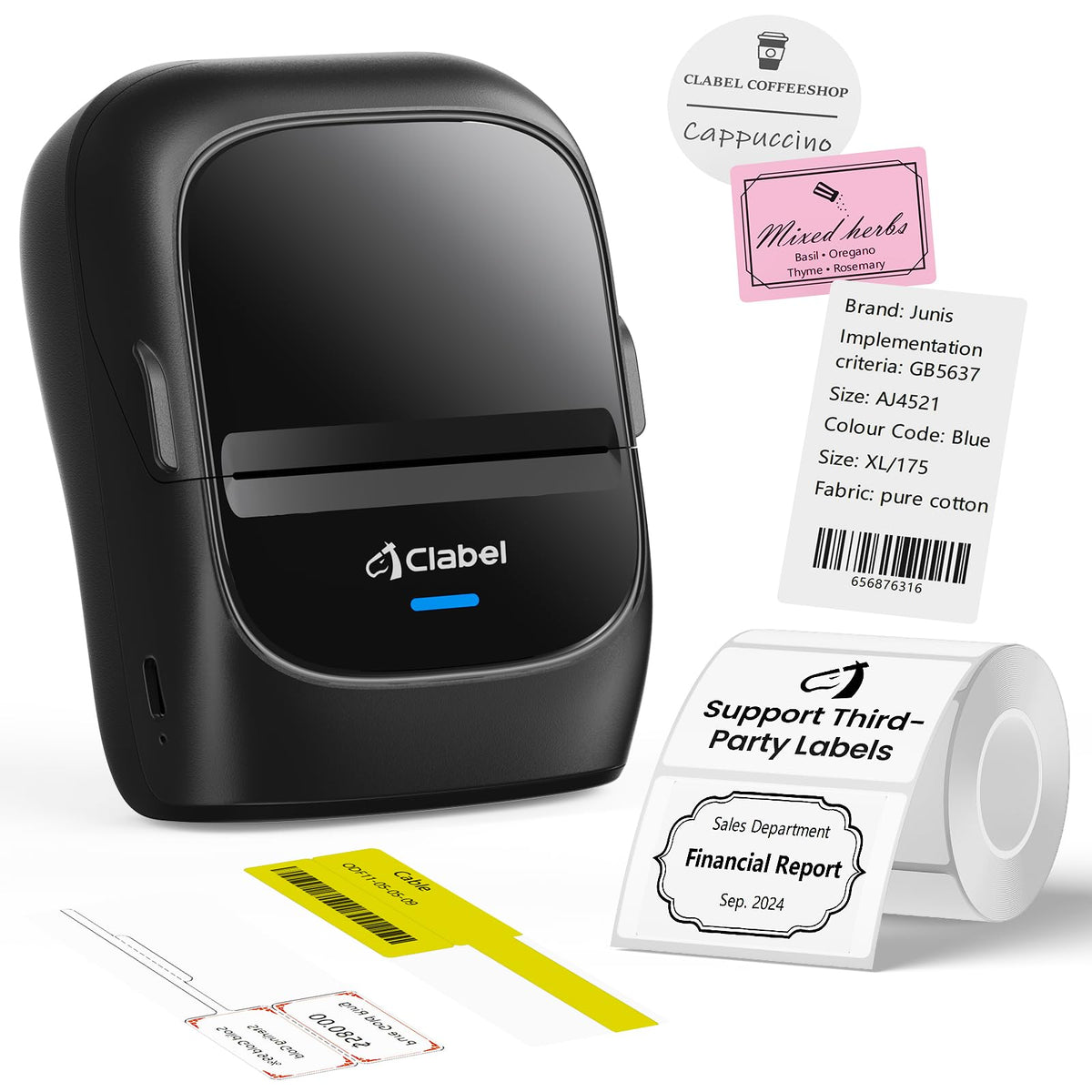 CLABEL 221B 2" Bluetooth Thermal Label Printer with 1 Label Roll, Black