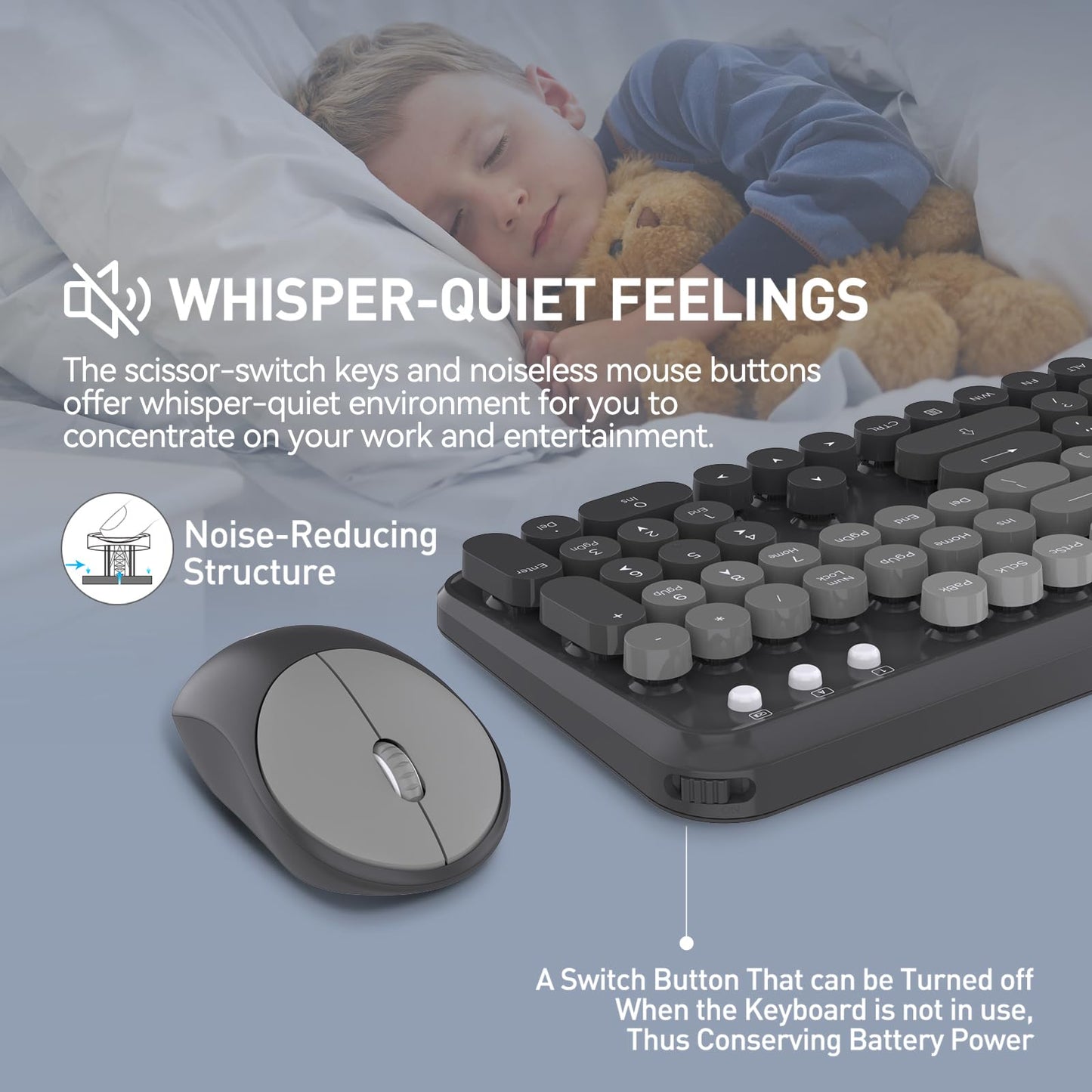 Wireless Keyboard and Mouse Combo, Retro Typewriter Style Round Keys, 2.4G Wireless Black and Grey Keyboard with Clicky Bubble Keys for PC Laptop and Desktop