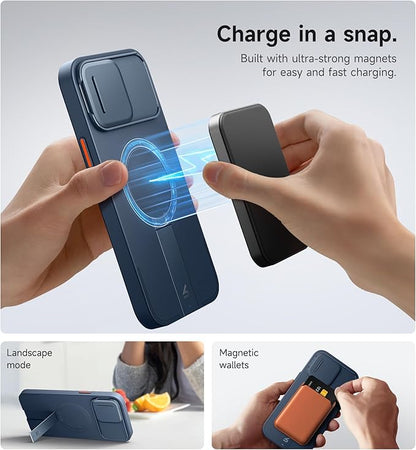 SURITCH for iPhone 13 Pro Max/12 Pro Max Case with Magnetic Camera Slide Cover and Adjustable Kickstand, Compatible with MagSafe, Shockproof Bumper Case Slim Protective Cover 6.7 Inch, Blue