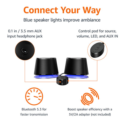 Amazon Basics Bluetooth Computer Speakers with USB 3.0, LED Blue Lighting, Volume Control, USB Powered, Set of 2