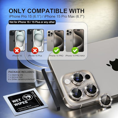 Choiche Compatible for iPhone 15 Pro/iPhone 15 Pro Max Camera Lens Protector Bling, 9H Tempered Glass Camera Cover Screen Protector Metal Ring Decoration Accessories (Glitter-Titanium Gray)