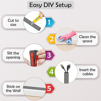 Rubber Bond TV Cord Hider Cable Protector - Strong Self Adhesive Wall Cord Cover Cable Hider - Low Profile Cable Management Wall Cord Concealer Cable Raceway (Grey, 6 Feet)