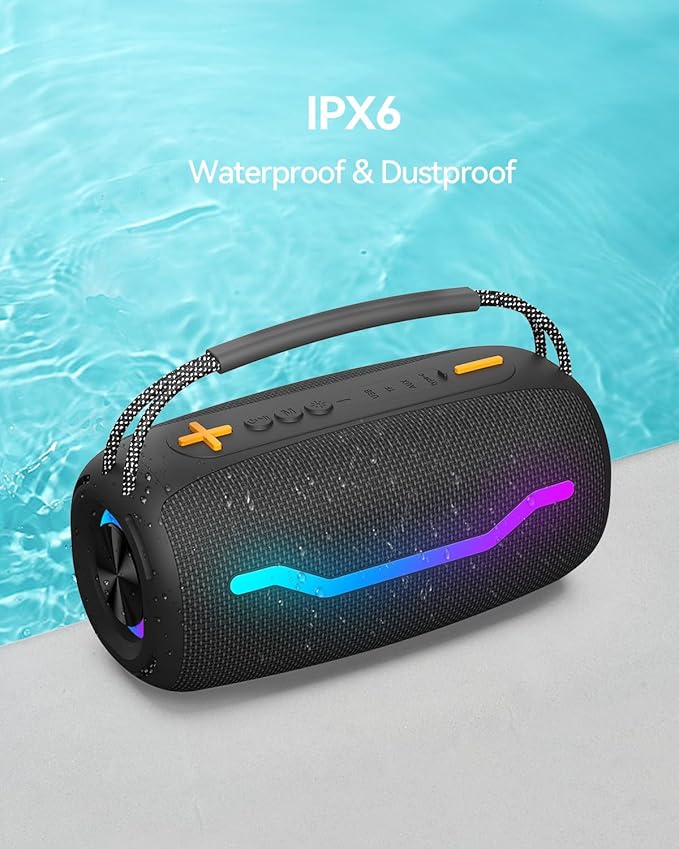 Portable Bluetooth Speaker with Light, Loud Sound and Deep Bass, IPX6 Waterproof, Up to 18H Playtime, TWS Pairing, Support Bluetooth/AUX/USB/TF Card for Home, Party, Outdoor and Travel (Black)