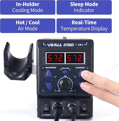 YIHUA 8786D I 2 in 1 Hot Air Rework and Soldering Iron Station with °F /°C, Cool/Hot Air Conversion, Digital Temperature Correction and Sleep Function