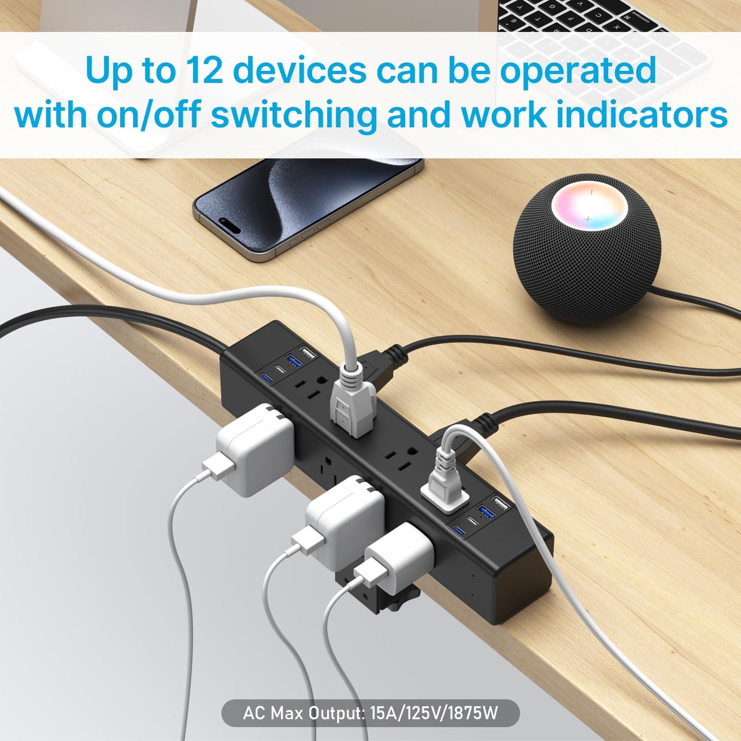 CCCEI 20W Per Side USB-C Desktop Outlet Station, Clamp Power Strip Surge Protector 4800J, Home Office Standing Desk Organizers and Accessories, 10FT 14AWG 15A Extension Cord, Switch, ETL Listing.