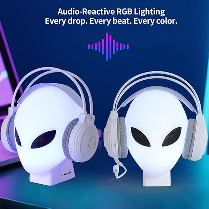 RGB Headphone Stand with Music Rhythm Light, 8-Color LED Gaming Headset Holder with USB & Type-C Charging Ports, Voice-Activated Light for PC Desk Setup, Gamer Gifts for Men & Boys