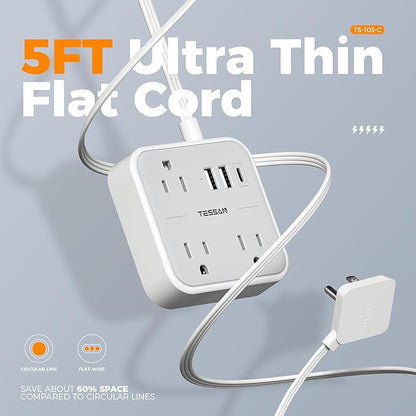 TESSAN Ultra Thin Flat Extension Cord 5 FT, Slim Power Strip with USB Ports (1 USB C), Surge Protector Flat Plug Wall Charger with 3 Outlets for Office, School, Dorm Room Essentials